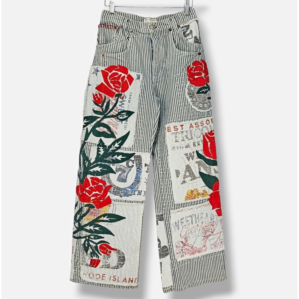 We The Free Lost And Found Boyfriend Jeans Floral Patchwork Railroad Stripe 24